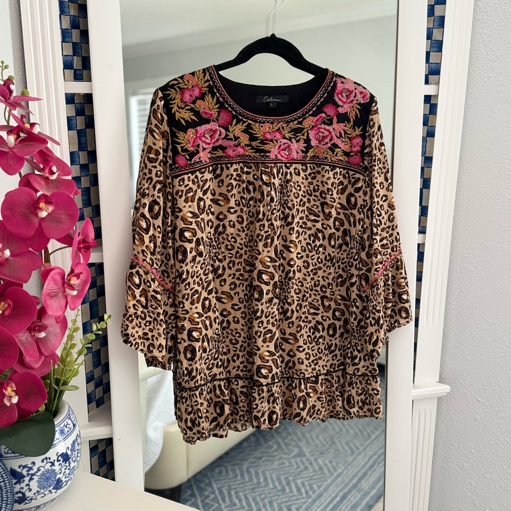 Calessa Leopard Print Top with Pink Floral Embroidery